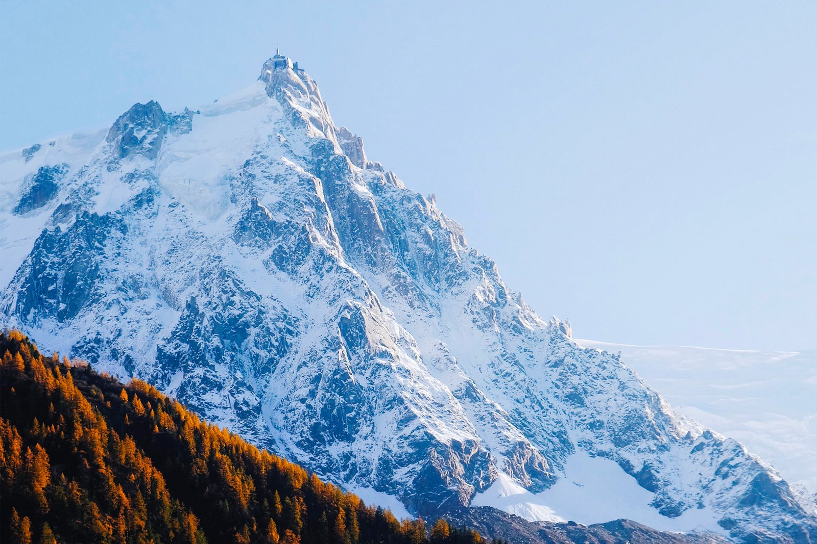 L’Aiguille du Midi enneigée au-dessus des forêts de la vallée de Chamonix