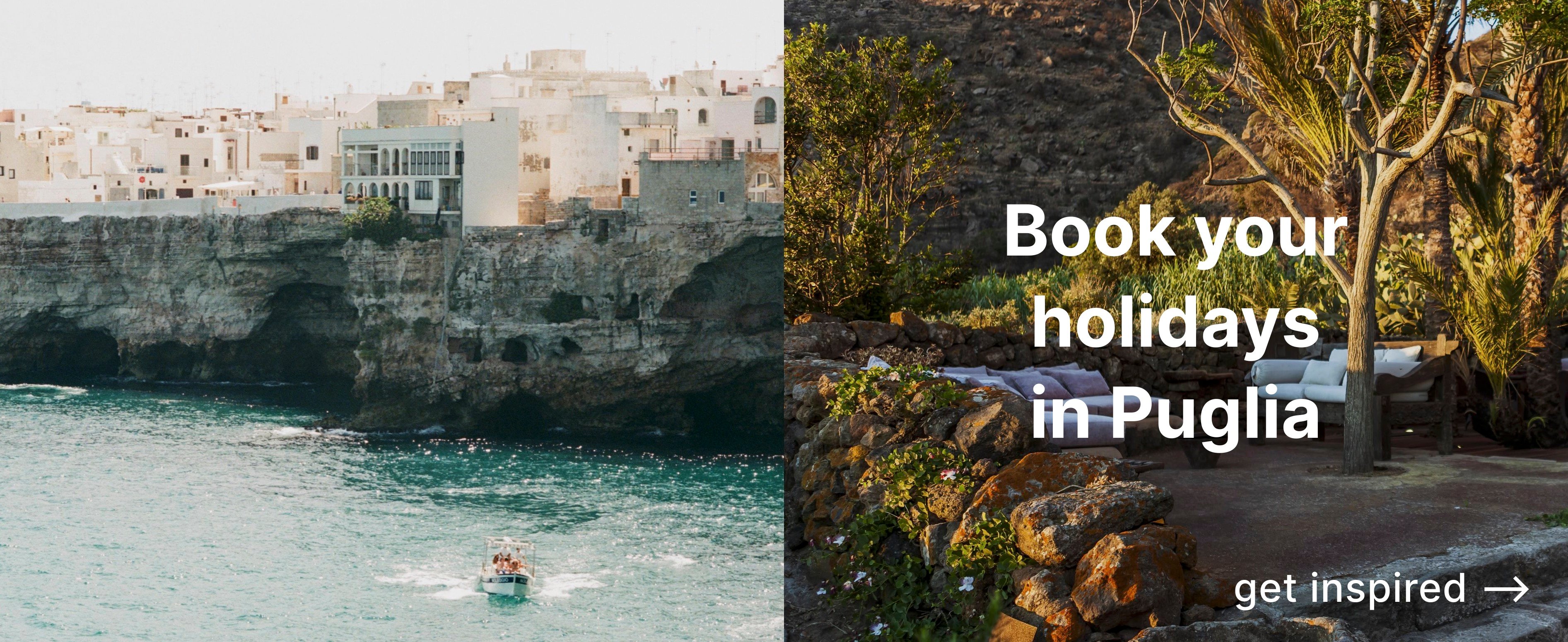 Cityscape with boats in the water and a garden with lounge chairs - the text reads book your holidays in Puglia 