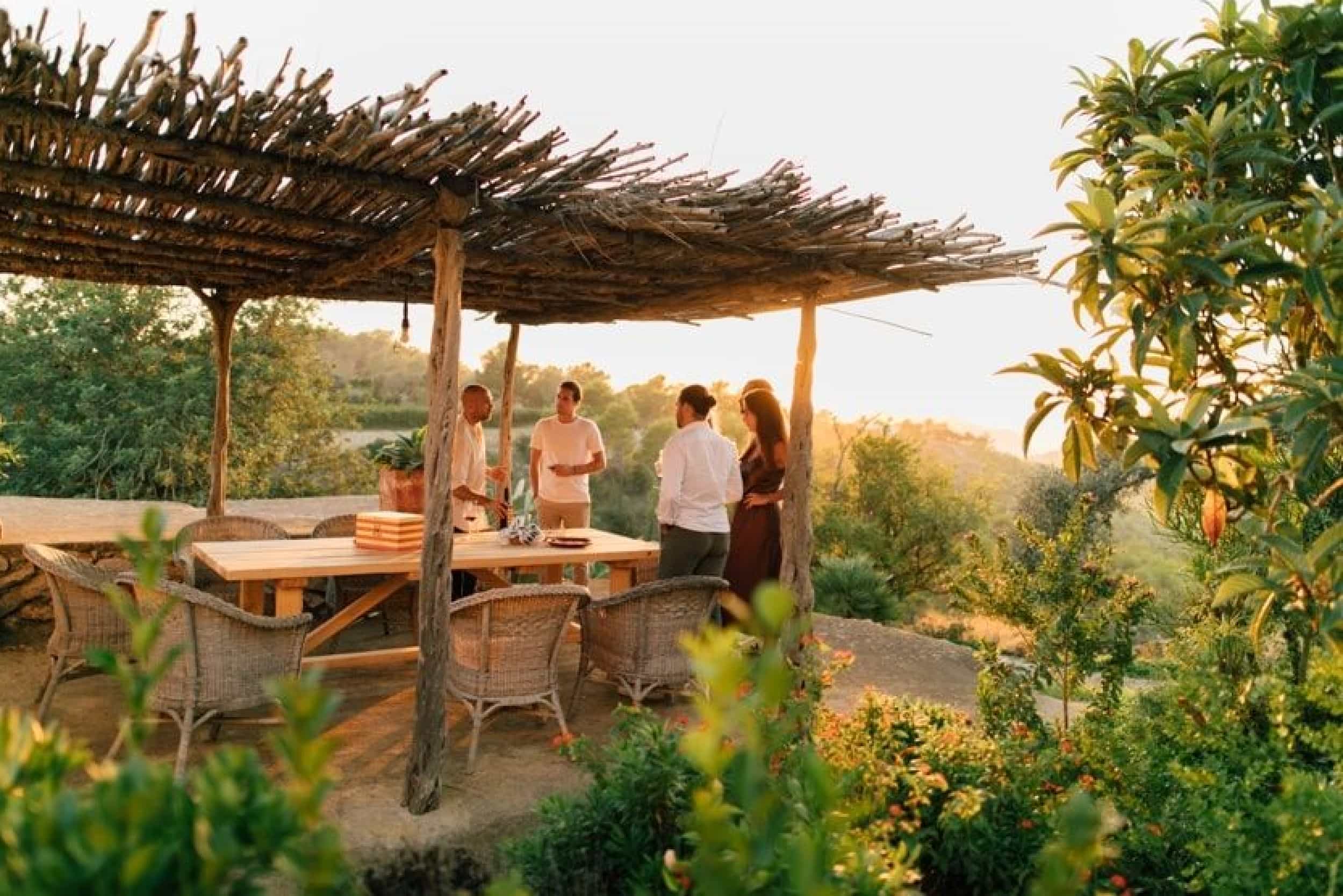 What-to-do-in-Ibiza-in-August-house-with-group-of-friends-outside-during-the-sunset-holding-glasses-of-wine