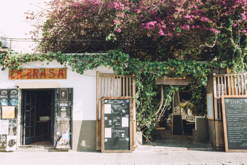 restaurant-typique-la-brasa-facade-blanche-et-portes-en-bois-entourees-par-des-arbres-en-fleurs-roses-ruelle-ibiza