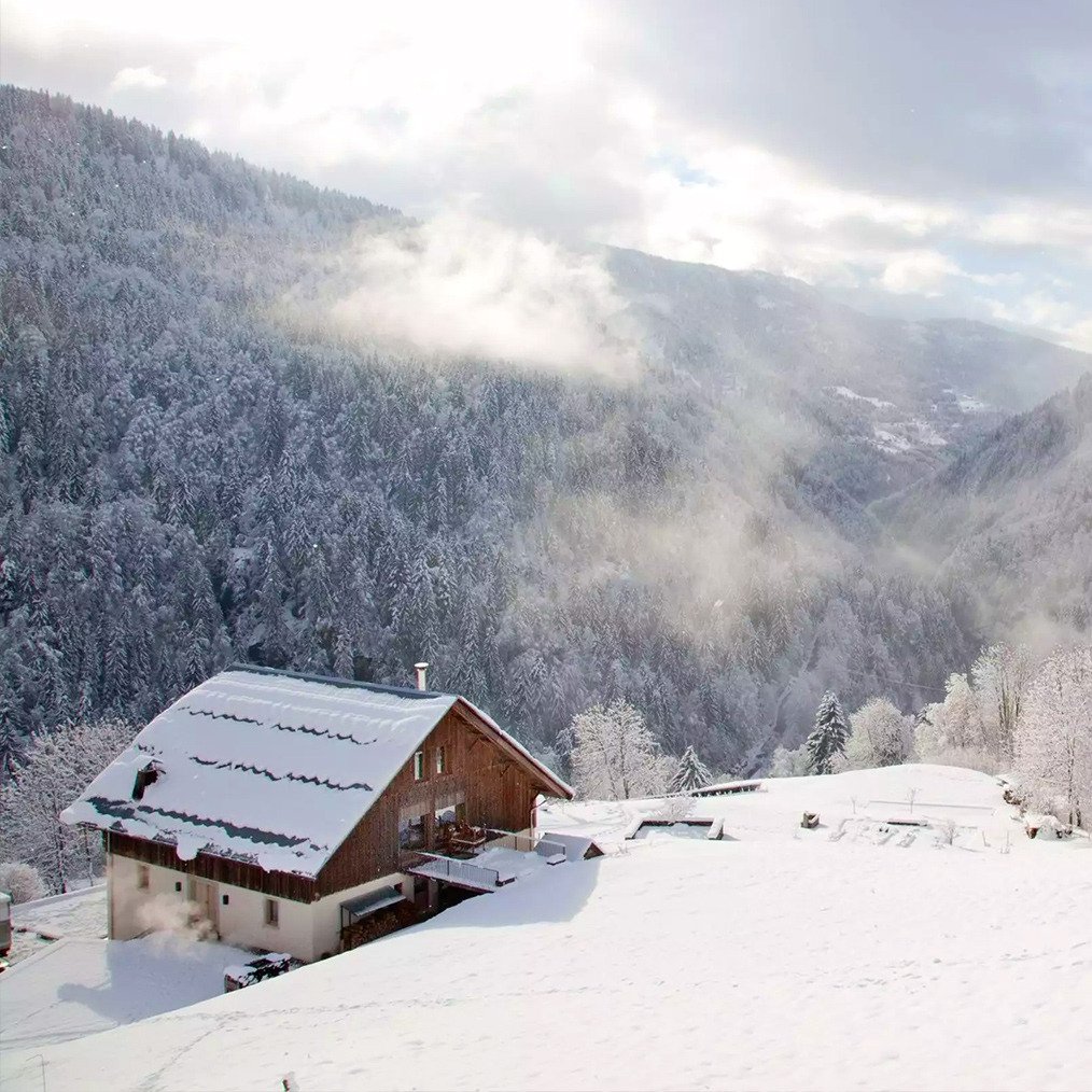 Chalet sous la neige en lisière de forêt