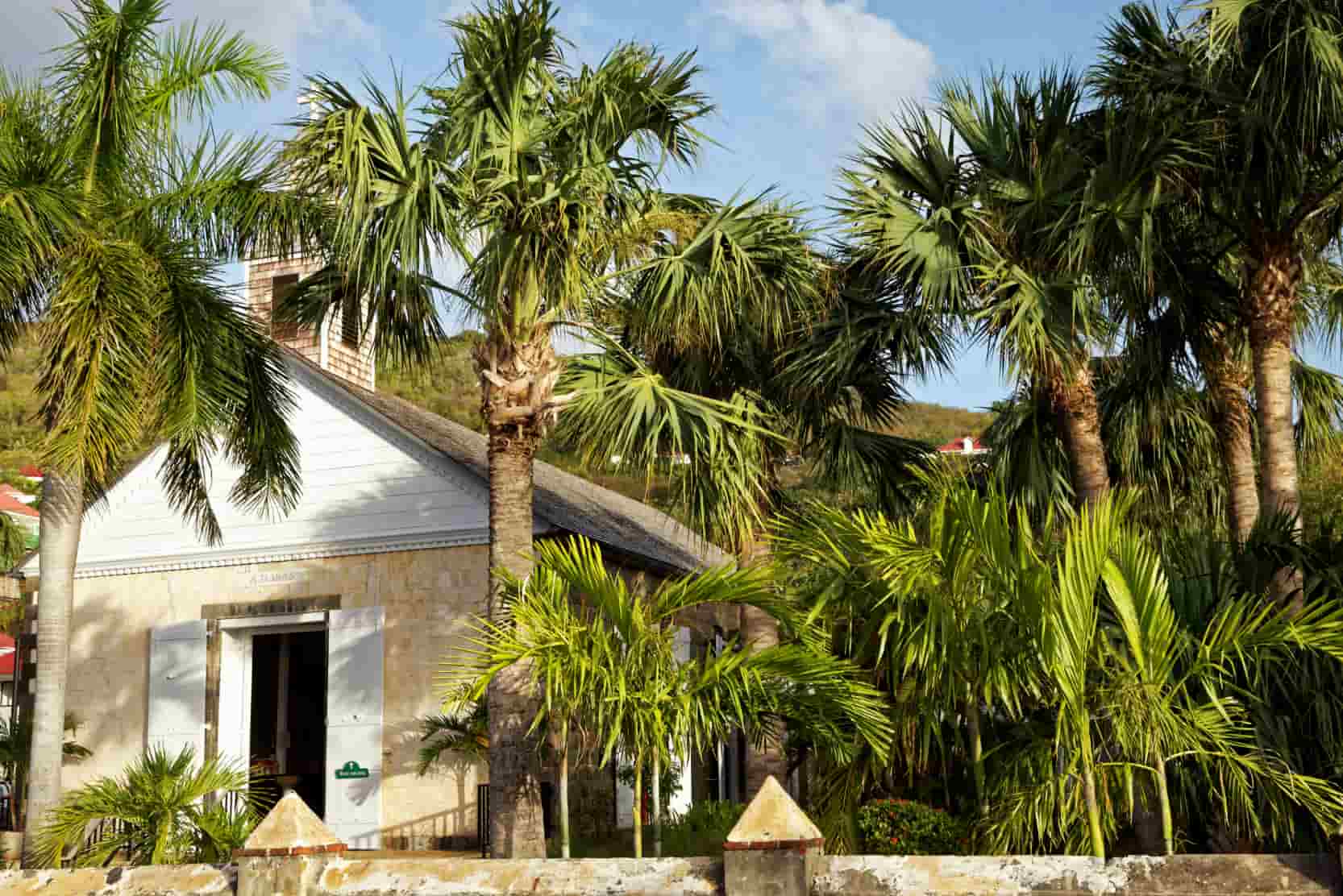 maison-typique-de-saint-barth-devanture-en-pierres-beiges-et-toit-en-tuiles-grises-entouree-de-palmiers