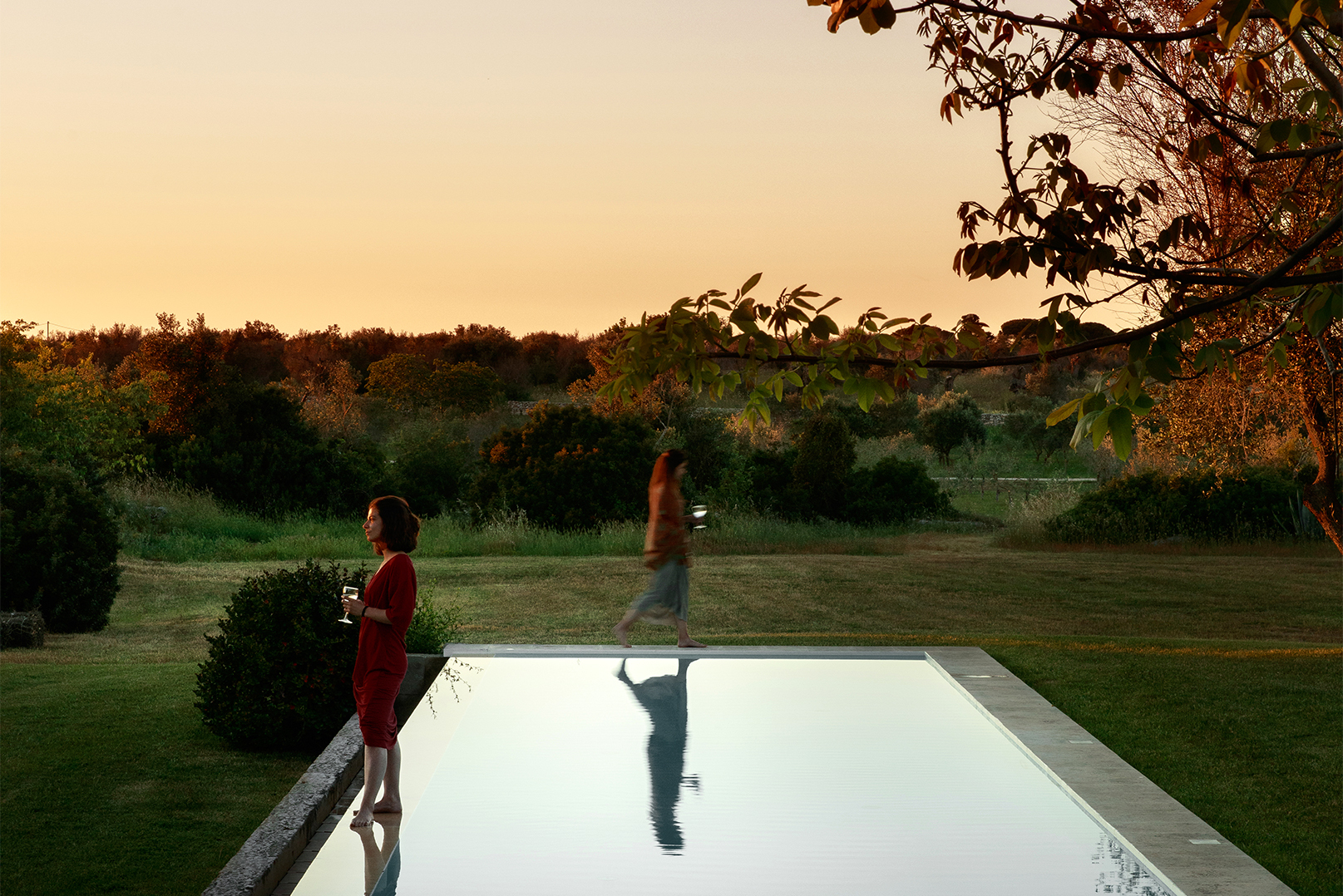 deux-femmes-un-verre-de-vin-a-lmain-debout-autour-d-une-piscine-exterieure-au-milieu-d-un-champ-verdoyant
